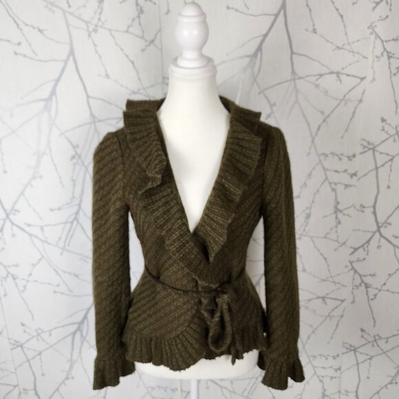 Zara Army Green 75% Wool Tweed Ruffle Wrap Sweater - Picture 1 of 5